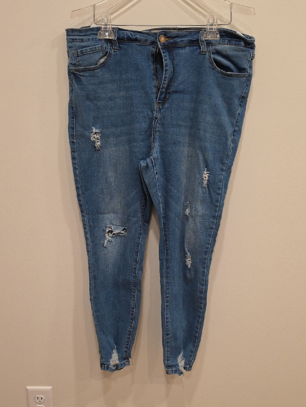 Distressed Skinny Jeans in Medium Blue - Picture 1 of 6